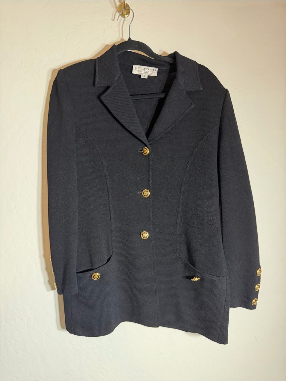 St. John Collection Black Notch Lapel Knit Blazer Jacket Size 6